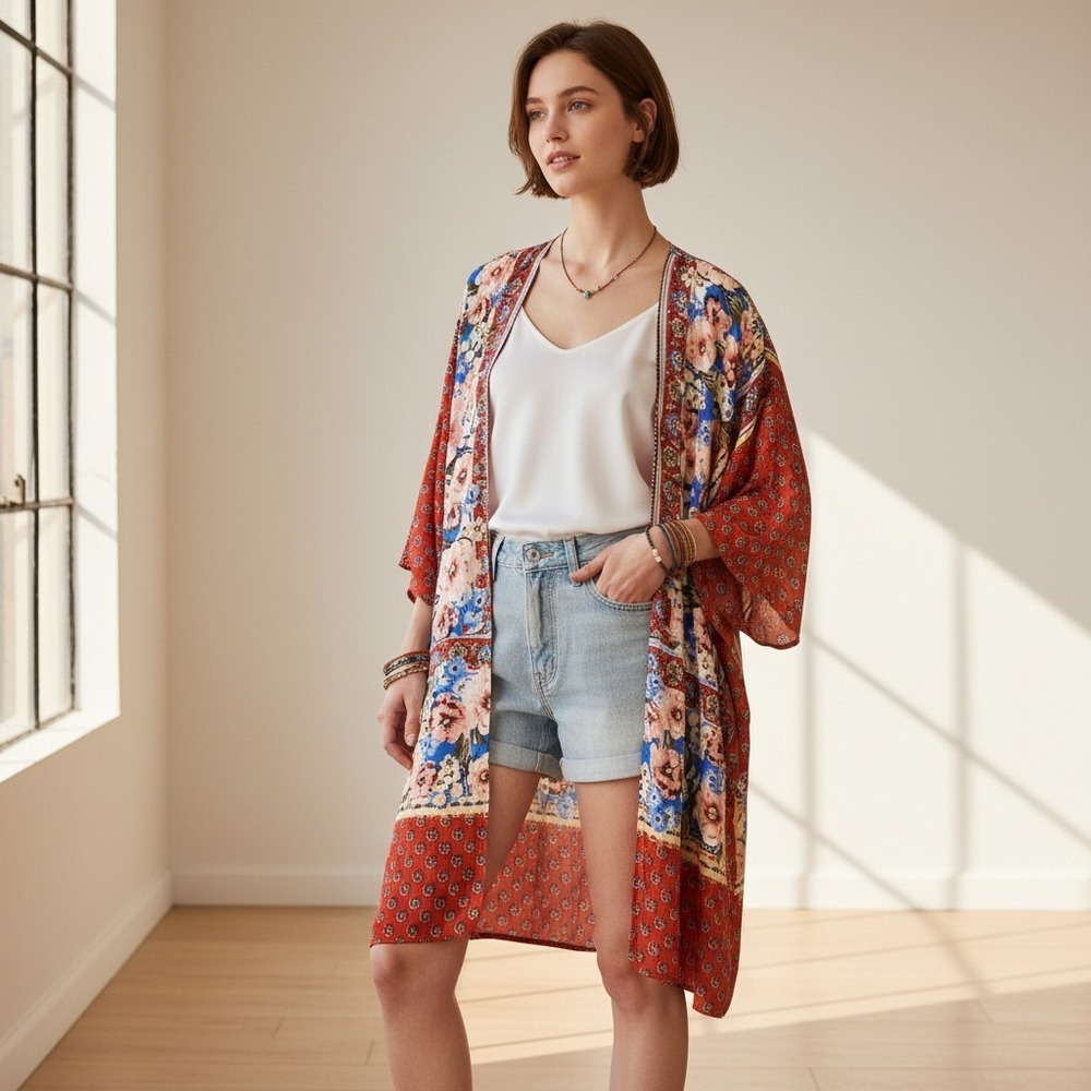 UMGEE  Open Front Kimono Cardigan Floral Bohemian M Mix Print Beach‎ Cover-Up